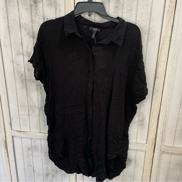 Aqua SWIM BUTTON-DOWN SWIM COVER UP TUNIC - 100% EXCLUSIVE IN BLACK L crinkled - Picture 3 of 6